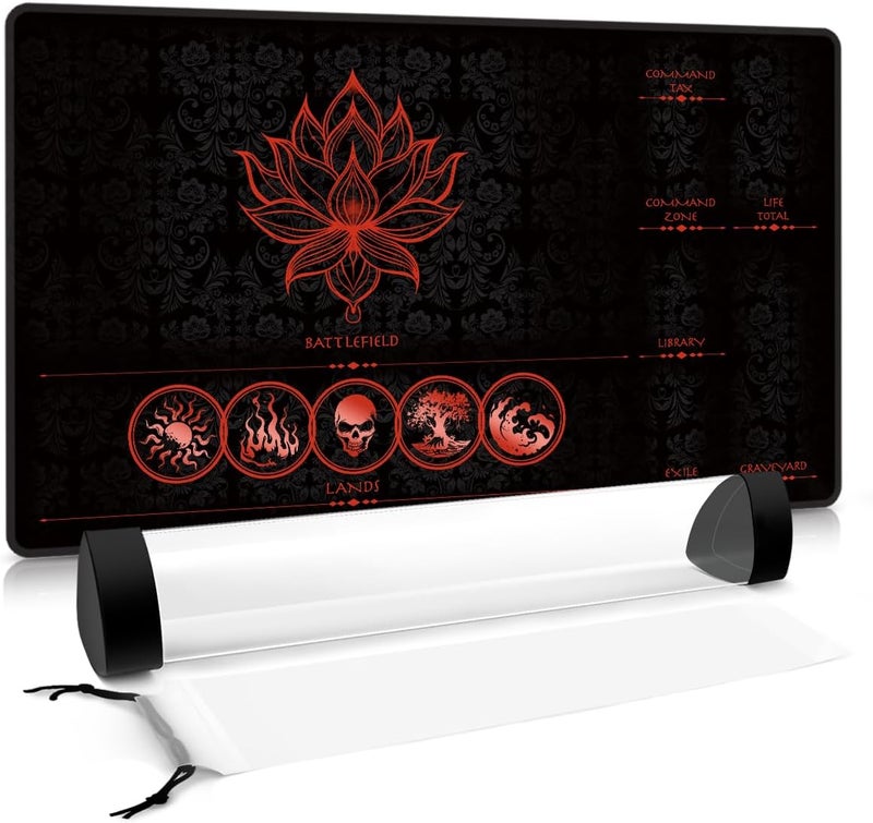 FROGIGO MTG Playmat with Play Zones – Magic Play mat Card Game Mat for Magic The Gathering, Lotus & Basic Lands Design, 24x14 inch, Stitched Edge, Non-Slip Base with Prismatic Playmat Tube-Red Zone - Image 1